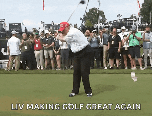 a man swinging a golf club on a golf course with the words liv making golf great again above him
