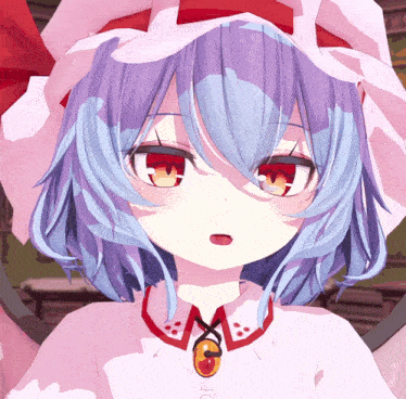 a girl with purple hair and red eyes is wearing a pink hat