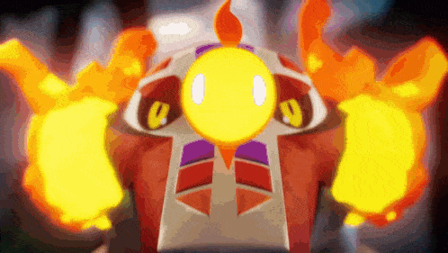 a close up of a cartoon character with flames coming out of his hands