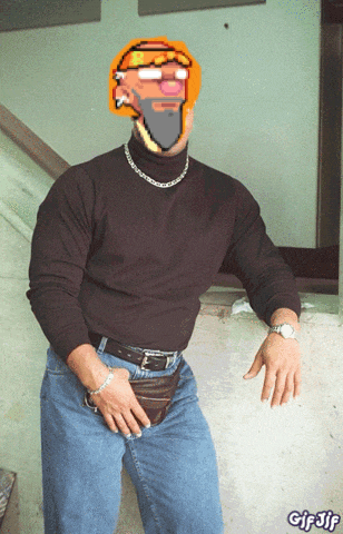 a man wearing a black turtleneck and blue jeans with a pixelated face on his head