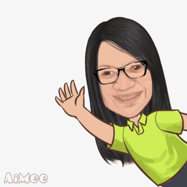 a cartoon of a woman in a green shirt waving