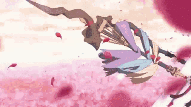 a cartoon character is holding a fan and a sword in a field of pink petals .