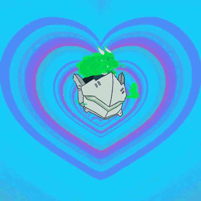 a drawing of a robot surrounded by a heart shaped swirl on a blue background .
