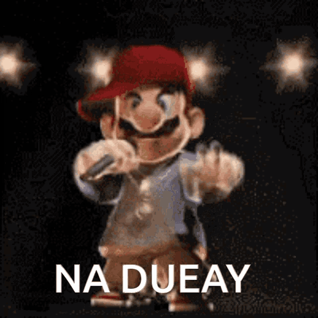 a cartoon character is singing into a microphone with the words na dueay above him
