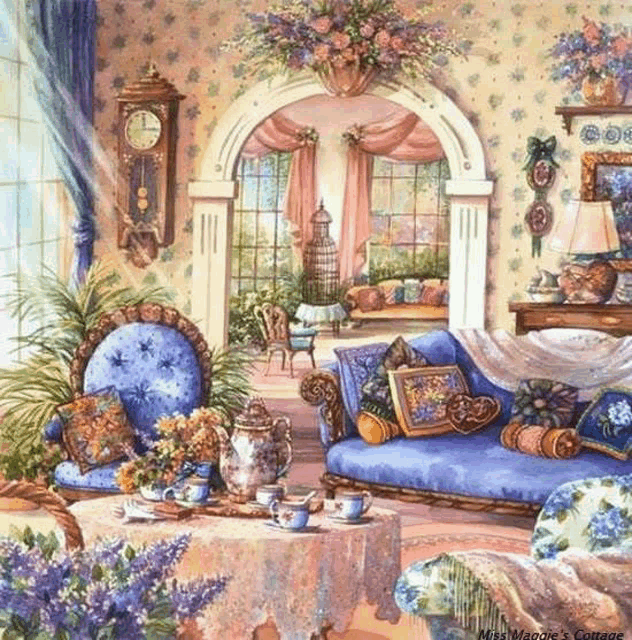 a painting of a living room with a blue couch , chairs , table and clock .