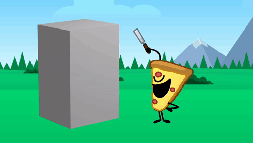 a cartoon of a slice of pizza holding a knife in front of a block