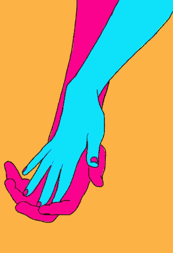 a drawing of two hands holding each other on a yellow background .