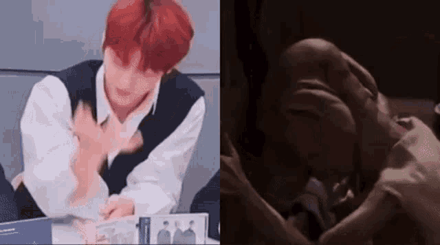 a man with red hair is sitting at a table next to a picture of a person laying on a bed .