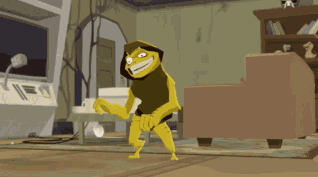 a cartoon character is standing in a living room with a chair