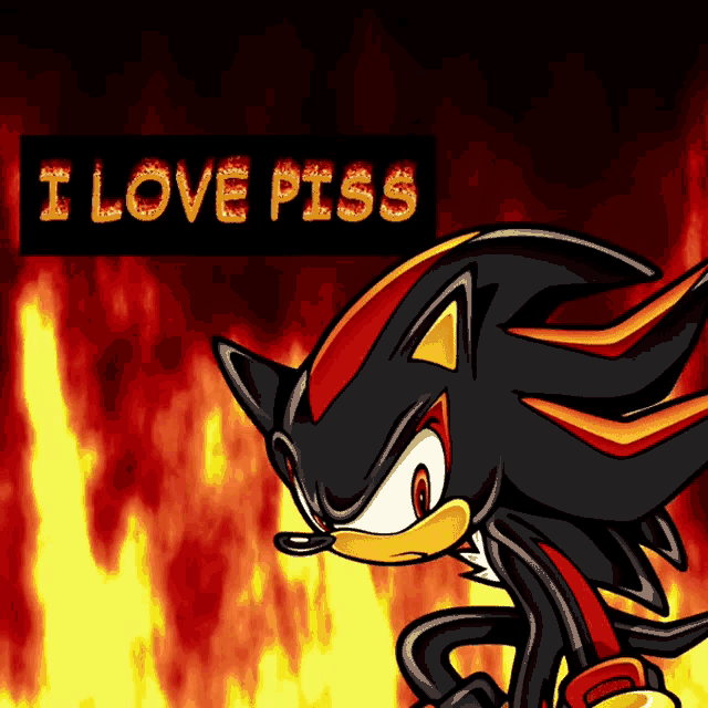 a picture of shadow the hedgehog with the words i love piss written above him