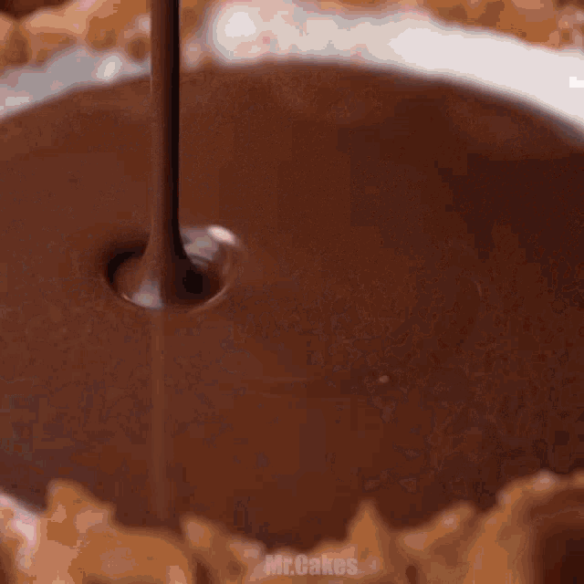 a person pouring chocolate sauce into a cake with the words mr.cakes below it
