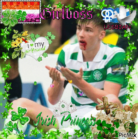 a picture of a man with blood on his face with the words girlboss lesbian irish princess on the bottom