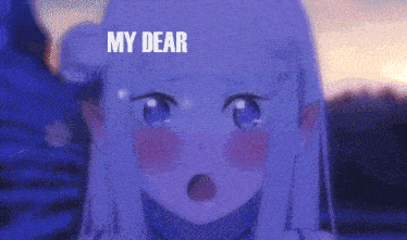 a purple anime girl with a surprised look on her face and the words `` my dear '' written above her .