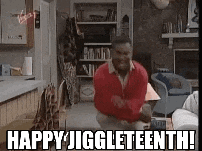 a man in a red sweater is dancing in a living room with the words `` happy jiggleteeth ! ''