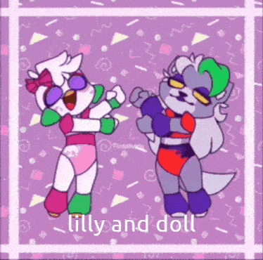 a picture of two cartoon characters dancing with the words lilly and doll written below them