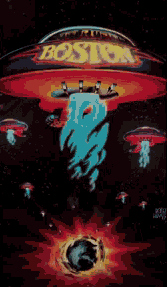 a poster for the band boston shows a hand reaching out towards the earth