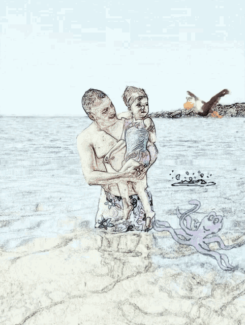 a drawing of a man holding a child in the water with a dolphin and octopus