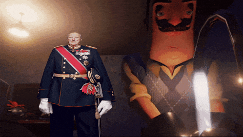 a man in a military uniform stands in front of a cartoon character with a mustache