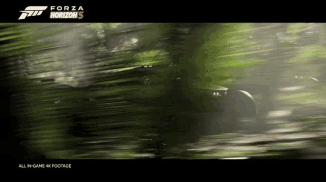 a forza horizon 5 advertisement with a car driving through the woods