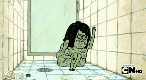 a cartoon character taking a shower with cn + hd written on the bottom right