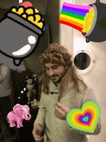 a man in a wig is surrounded by a rainbow heart and a pot of gold