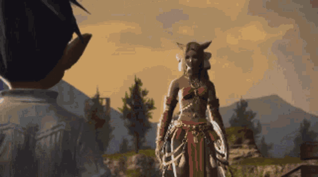 a woman with horns is standing in front of a man in a video game
