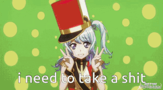a picture of a girl in a top hat with the words i need to take a shit below her