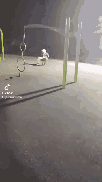 a skeleton is sitting on a swing at a playground with tik tok written on the bottom right