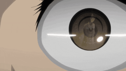 a close up of a person 's eye with a reflection of a camera