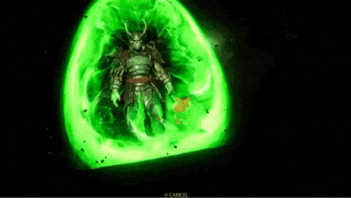 a samurai is surrounded by a green glowing shield in a video game .