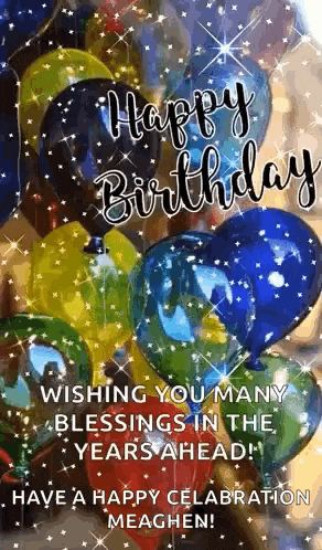 a happy birthday greeting card with balloons and the words `` wishing you many blessings in the years ahead ! ''