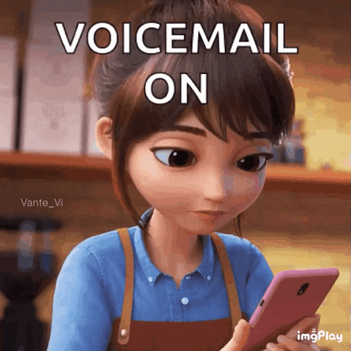 a cartoon girl is looking at a cell phone with the words voicemail on above her