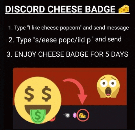 a screenshot of a discord cheese badge with a smiley face with money sticking out of it .
