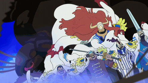 a cartoon of a man holding a sword surrounded by other men