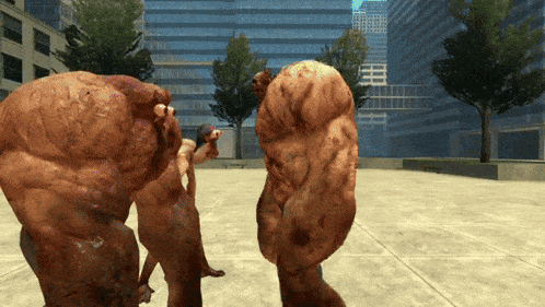 a group of monsters are standing on a sidewalk in front of buildings