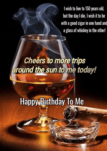 a birthday card with a glass of whiskey and a cigar on it
