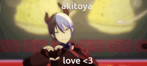 a cartoon character is making a heart with his hands and the words akitoya love < 3