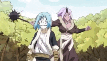a couple of anime characters are standing next to each other .