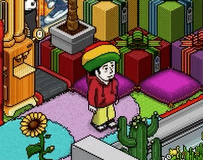 a cartoon character wearing a rasta hat is standing in a room surrounded by presents .
