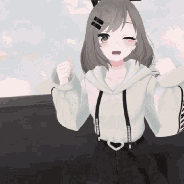 a girl wearing a white hoodie with black suspenders and a heart shaped belt