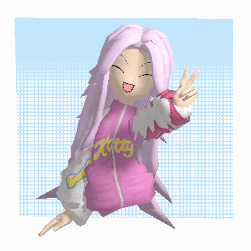 a girl with long pink hair is wearing a pink jacket that says kitty on it