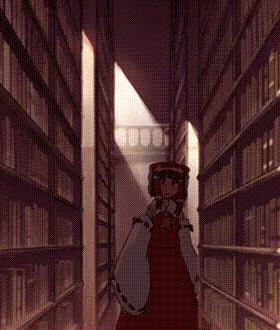 a girl in a red dress is walking down a hallway filled with bookshelves .