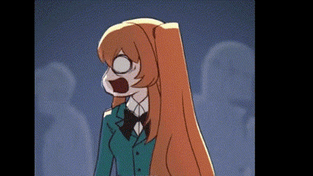 a cartoon of a girl with long hair making a funny face while standing in front of a crowd .
