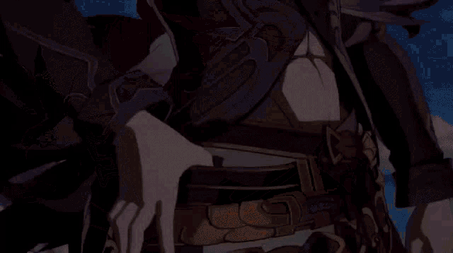 a close up of a person 's waist in a video game with a blue sky in the background .