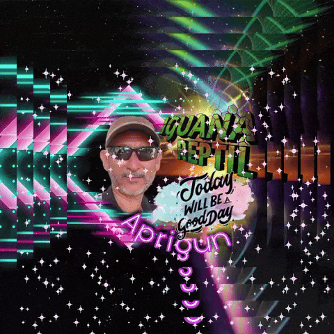 a man wearing sunglasses stands in front of a sign that says " today will be a good day aprigon "