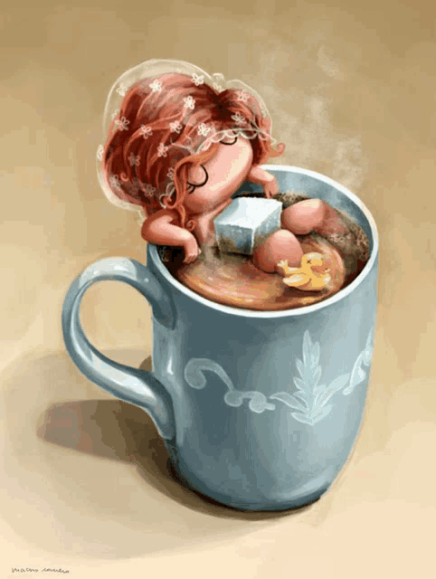 a drawing of a girl in a cup of coffee with the name victoria written on the bottom