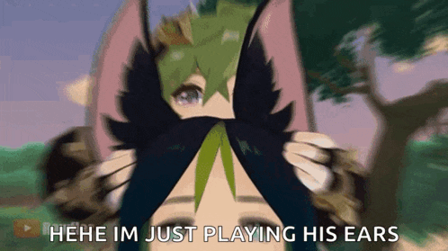 a cartoon character with green hair and cat ears is covering his face with his hands .