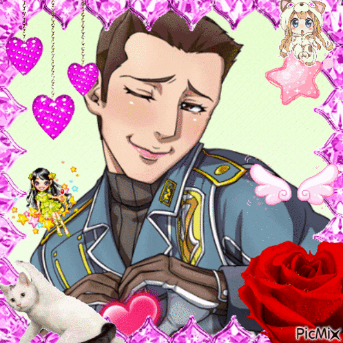 a cartoon of a man holding a heart with a picture of a cat and a rose by picmix