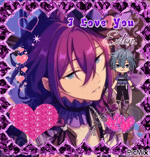 a picture of a boy with purple hair and blue eyes in a purple frame with hearts .