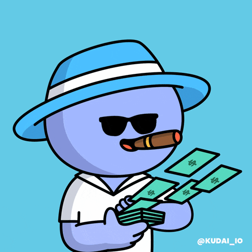a cartoon character with a hat and sunglasses is holding money and a cigar